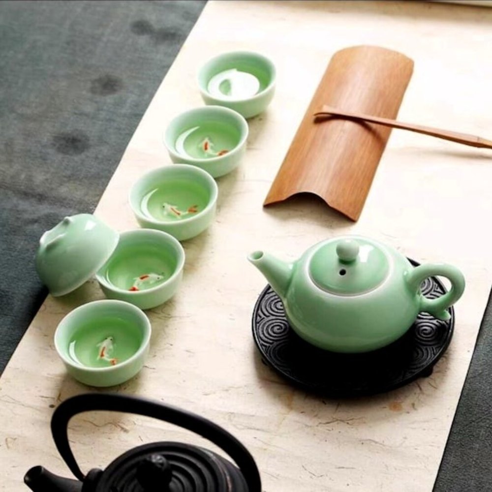 Oriental Koi Fish Design Green Ceramic Tea Set/Kungfu Tea
